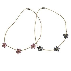 Floral Beaded 2 Necklaces Pink Black Flower Choker Gold-Tone Magnetic 17" LOOK